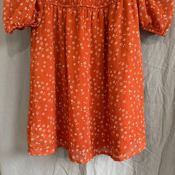 Row A Rust Orange Floral Prairiecore Puff Sleeve Smocked‎ Mini Dress Size M - Picture 3 of 11